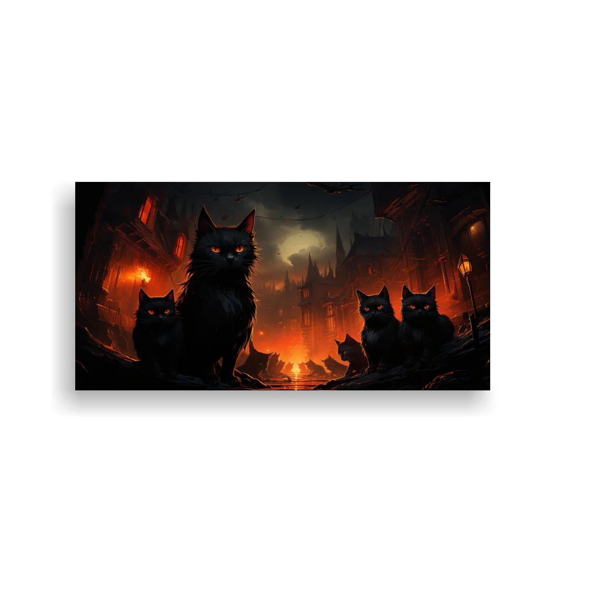 Cuadro gatos negros con ciudad en ruinas y resplandor de fuego