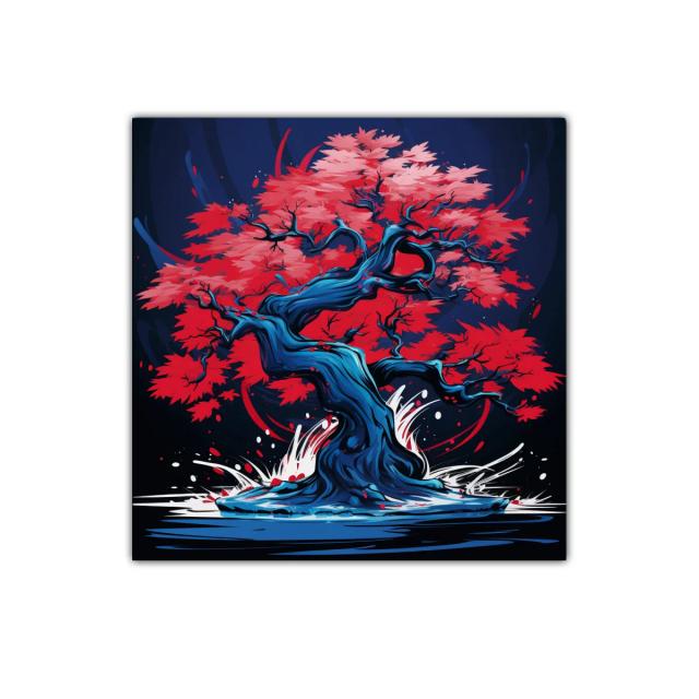 Árbol de otoño vibrante con tonos rojos y azules