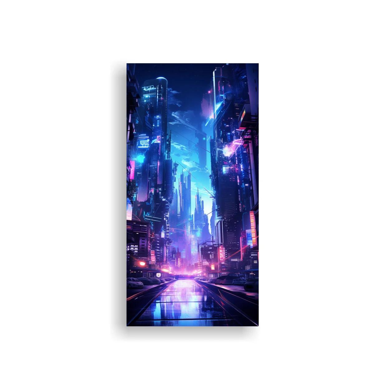 Cuadro ciudad futurista neón con avenida de reflejos