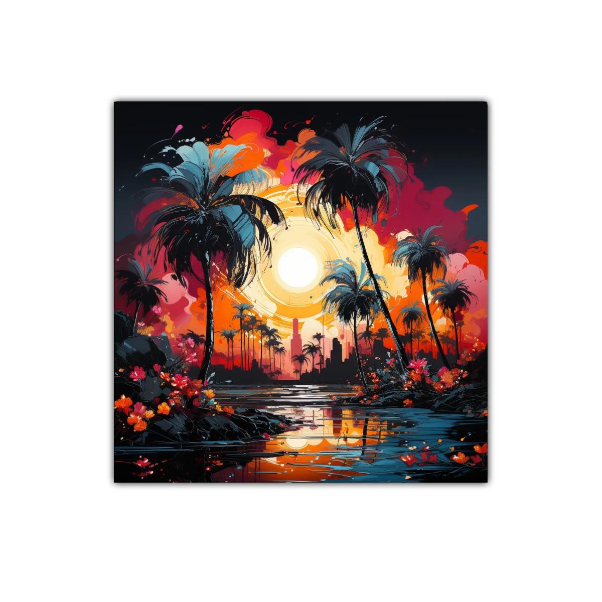 Atardecer vibrante con palmeras y reflejos urbanos — imagen principal