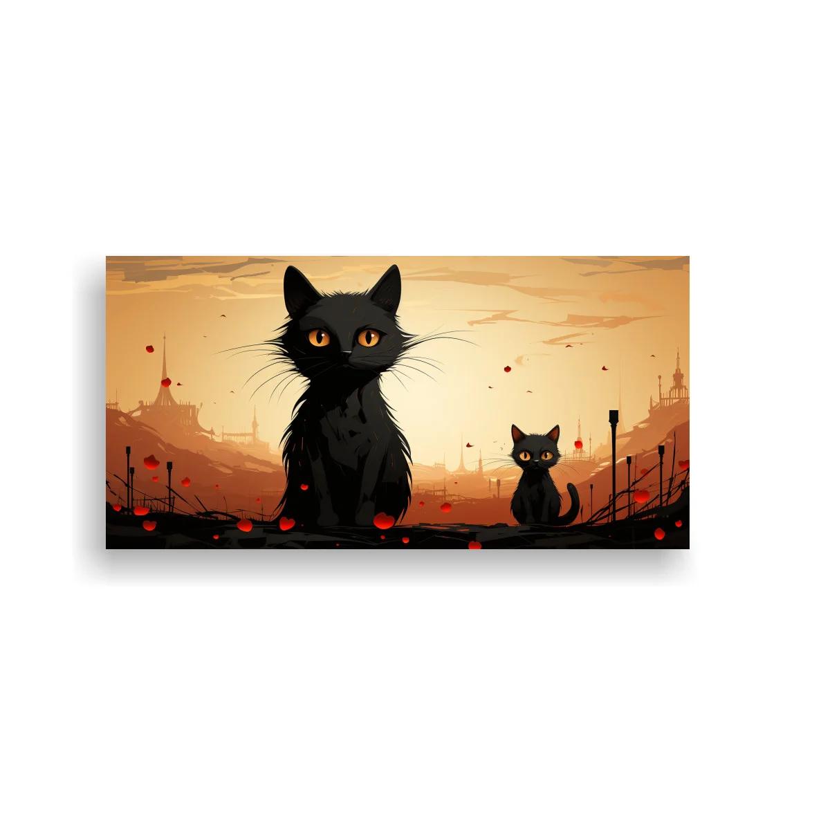 Cuadro gato negro de ojos ámbar y flores rojas