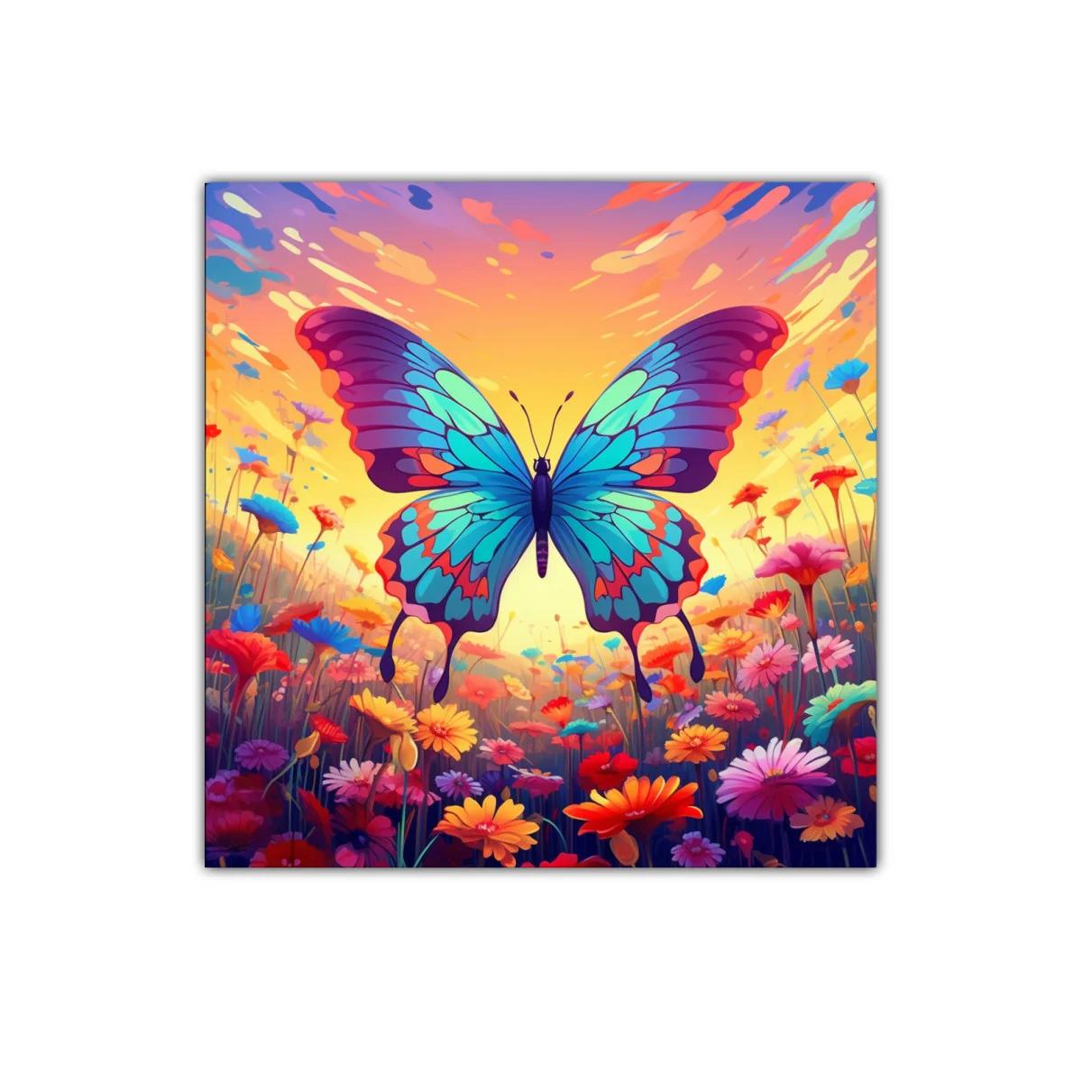 Mariposa vibrante en campo florido al atardecer — imagen principal