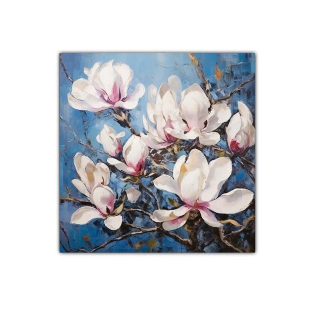 Cuadro decorativo con flores blancas sobre fondo azul
