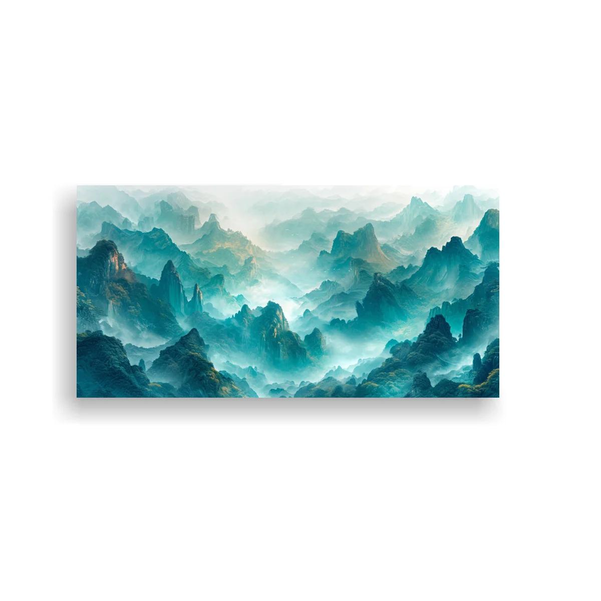 Cuadro cordillera de montañas brumosas con luces suaves