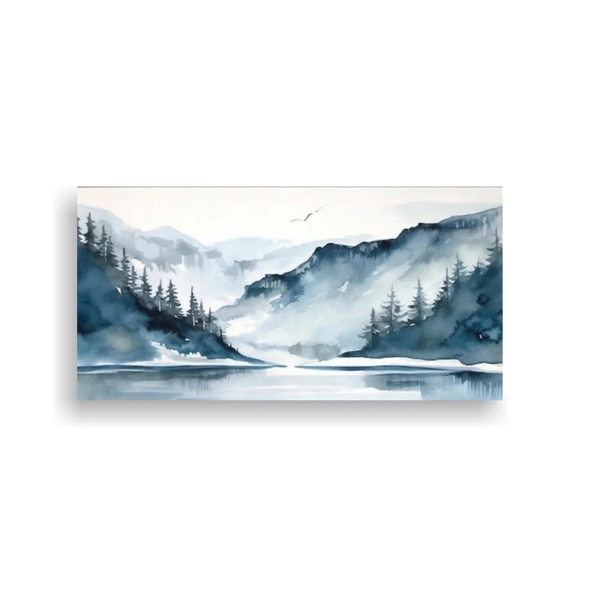 Cuadro paisaje de montaña con lago y bosque en las orillas