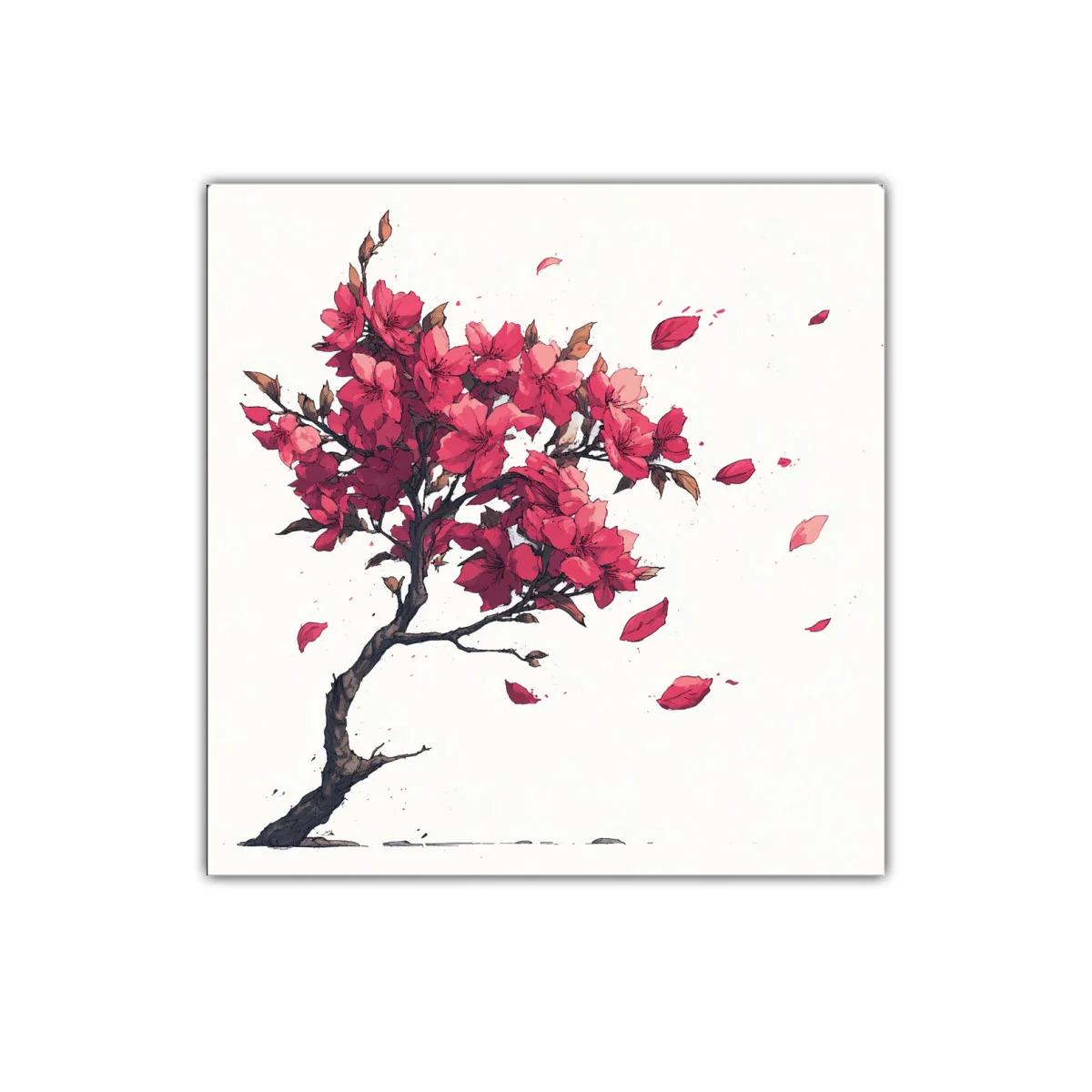 Cuadro decorativo con ramo de flores rojas y hojas volando