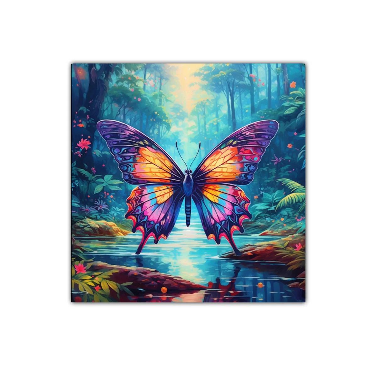 Mariposa colorida sobre río rodeado de bosque mágico — imagen principal