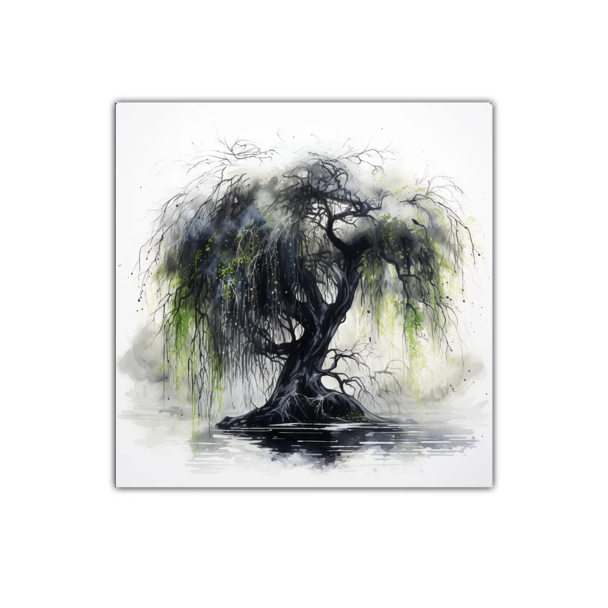 Árbol oscuro con ramas colgantes y reflejos de agua