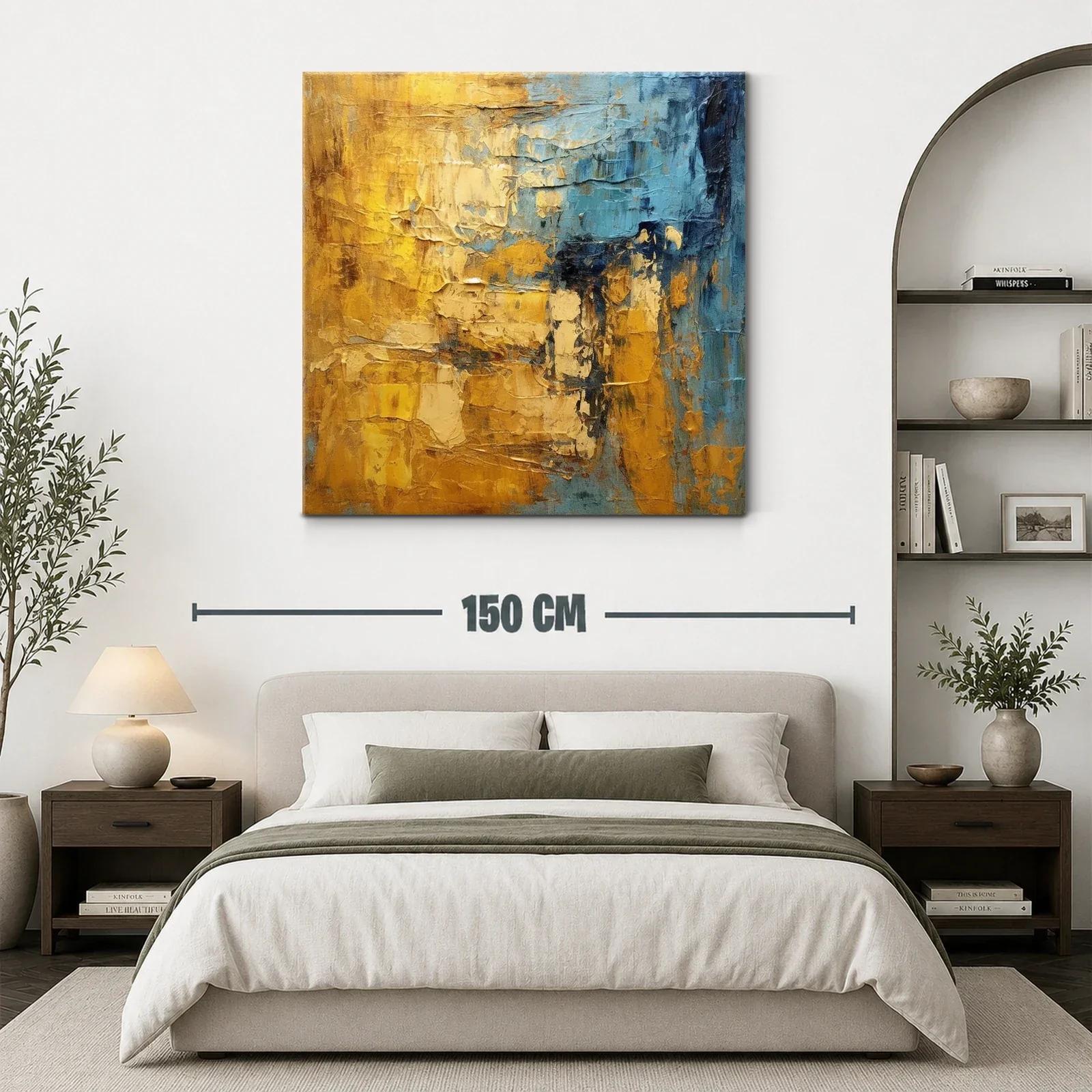 Cuadro abstracto con texturas y tonos dorados y azules — miniatura 3