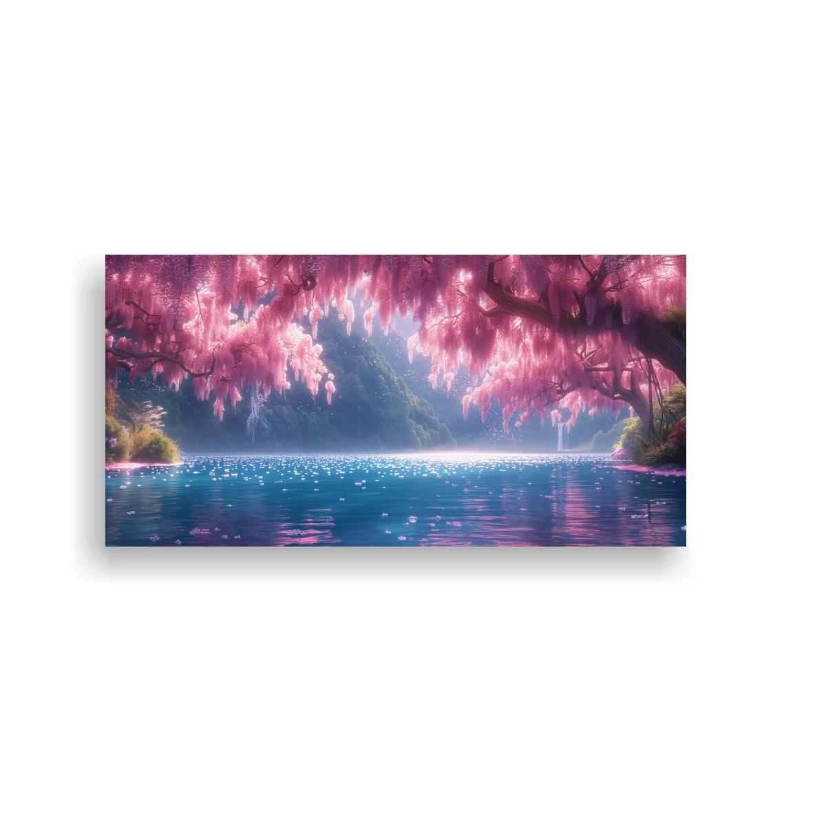Cuadro lago con árboles de flor rosa y ramas colgantes