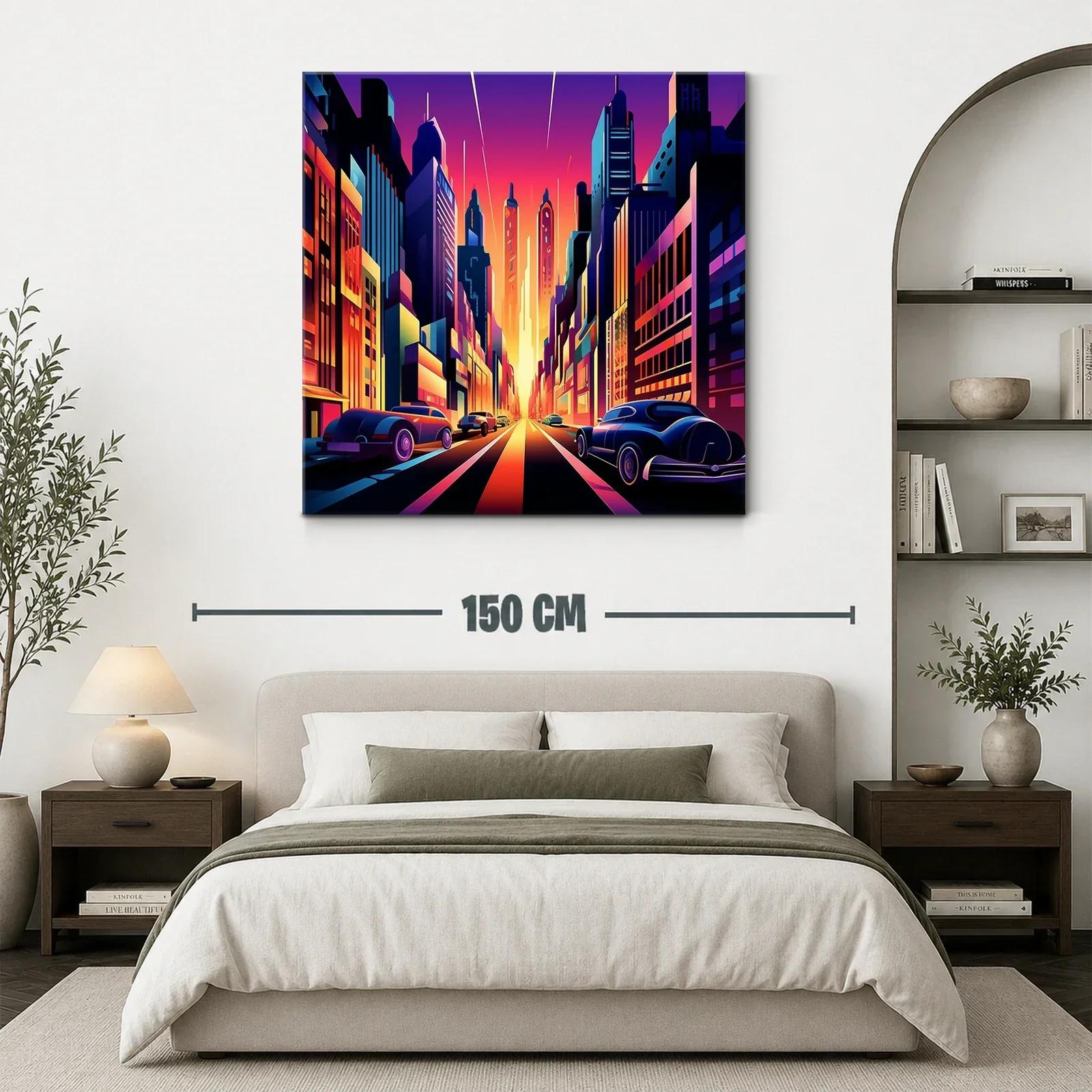 Atardecer vibrante en ciudad futurista con coches clásicos — miniatura 3