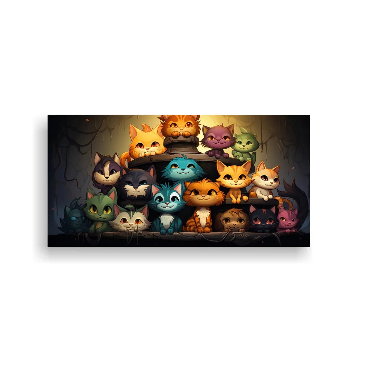 Cuadro grupo de gatos caricaturescos con mirada brillante