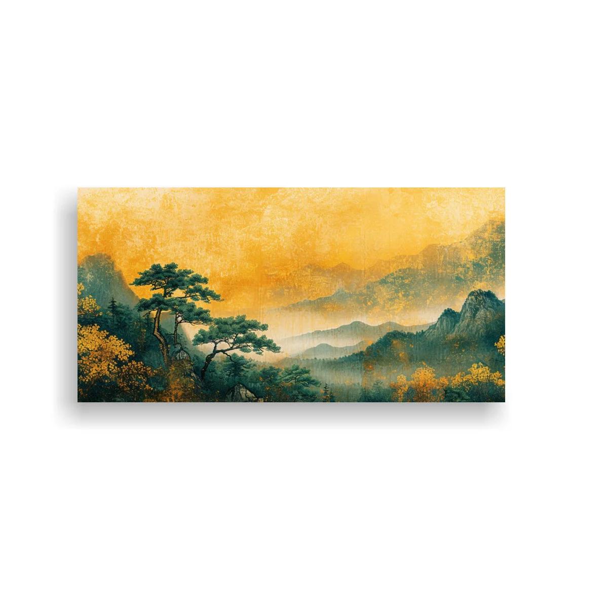 Cuadro paisaje montañoso con pinos y valle brumoso