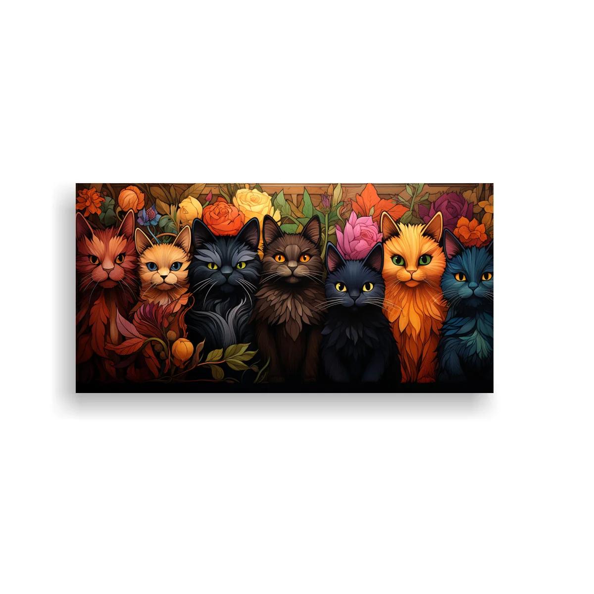 Cuadro grupo de gatos de colores rodeados por flores y follaje densos