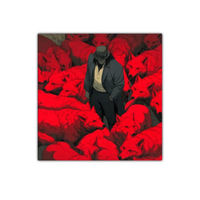 Cuadro Impactante con Hombre entre Lobos Rojos Intensos