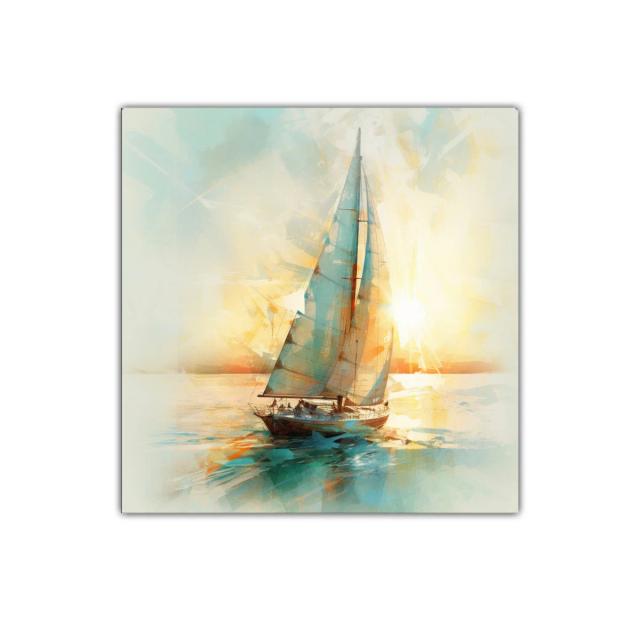 Vela navegando al atardecer con luz cálida y mar sereno