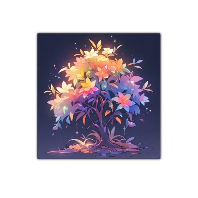 Árbol mágico con flores luminosas y tonos pastel brillantes