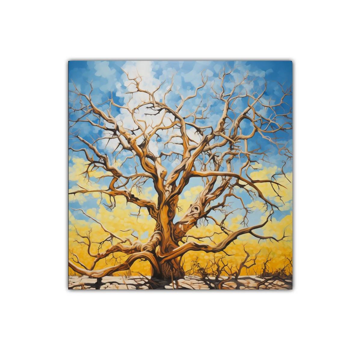 Árbol desnudo con cielo vibrante y fondo amarillo