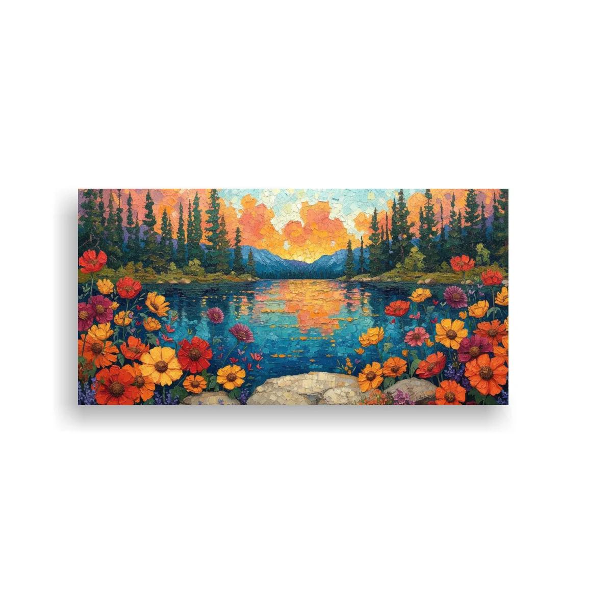 Cuadro lago al atardecer con flores silvestres y árboles altos