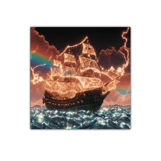 Barco iluminado navegando en mar eléctrico con arcoíris