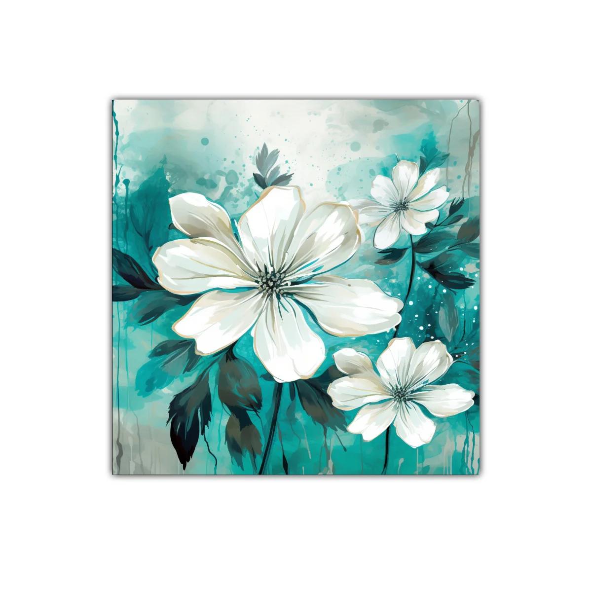 Cuadro floral con delicadas flores blancas y fondo turquesa