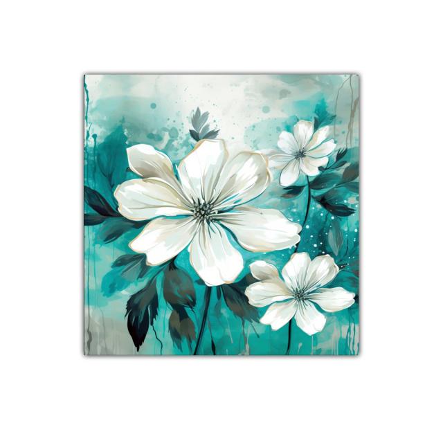 Cuadro floral con delicadas flores blancas y fondo turquesa