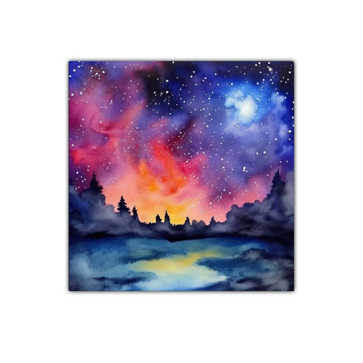 Cielo estrellado con bosque al atardecer vibrante — imagen principal