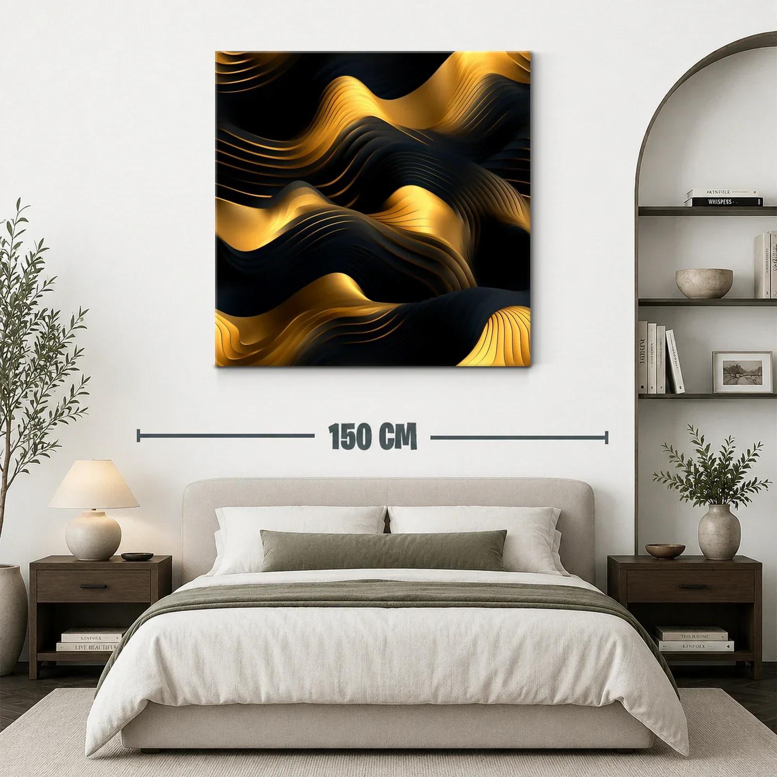 Composición abstracta en tonos dorados y negros con texturas onduladas — miniatura 3