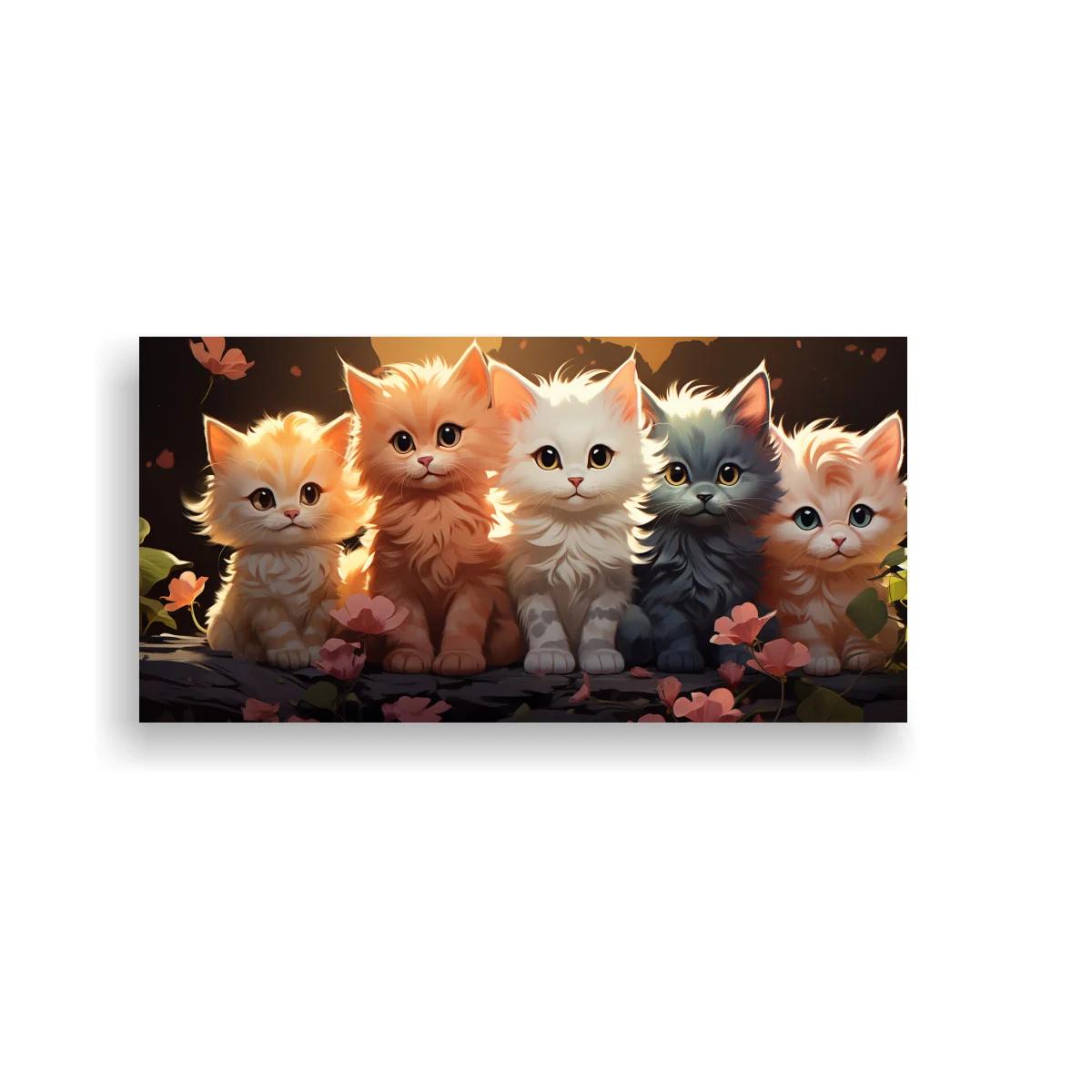 Cuadro cinco gatitos con fondo oscuro y luz cálida — imagen principal