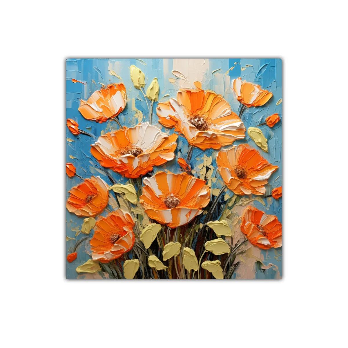 Cuadro decorativo con vibrantes flores naranjas y azul celeste