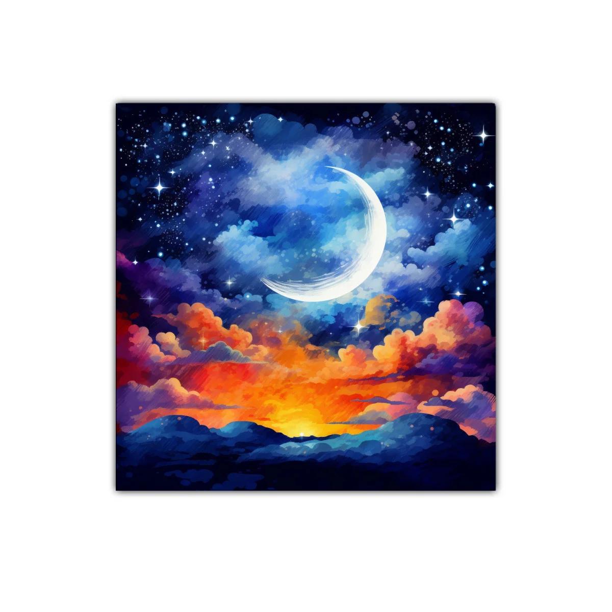 Atardecer celestial con luna creciente y cielo estrellado