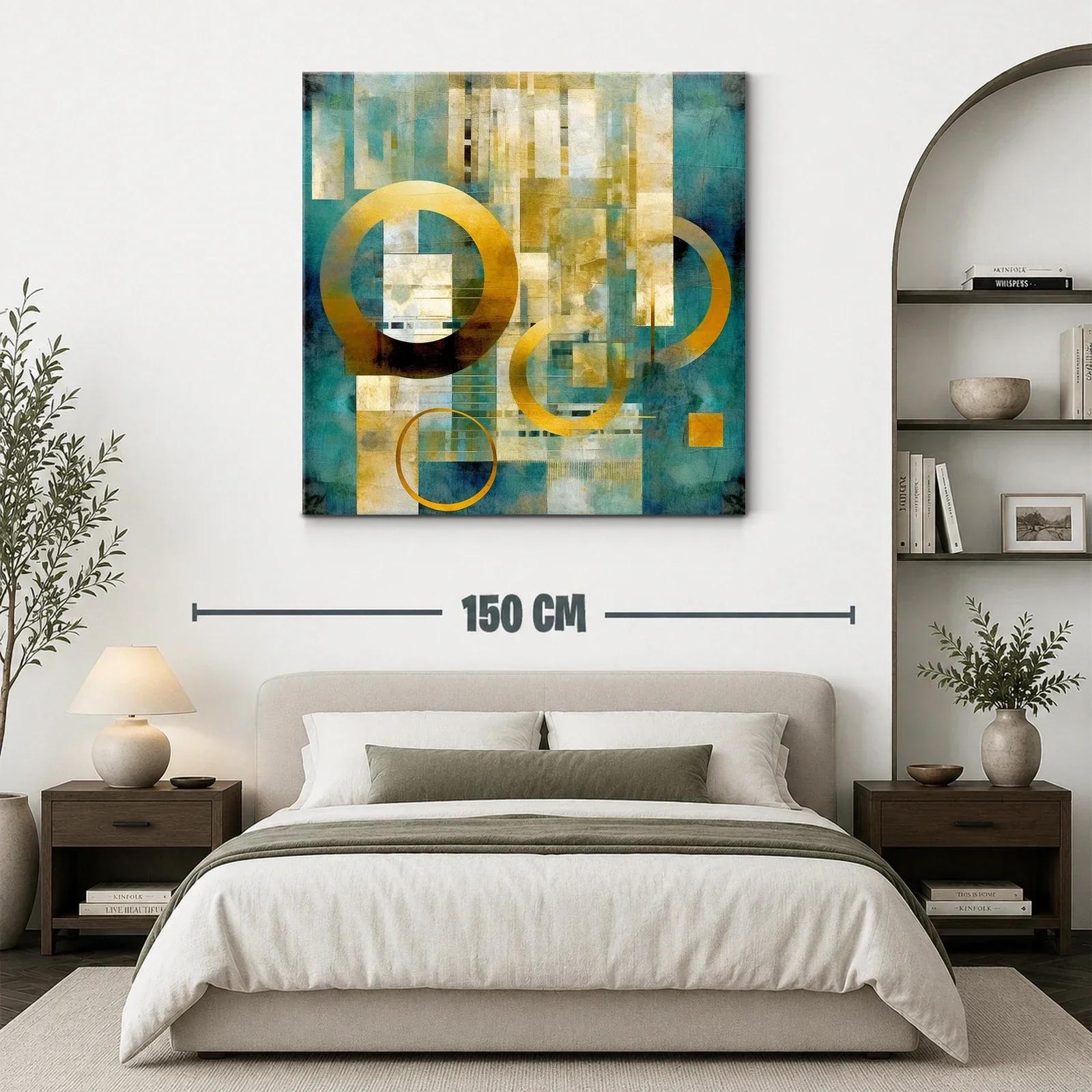 Cuadro abstracto moderno en tonos dorados y turquesa — miniatura 3