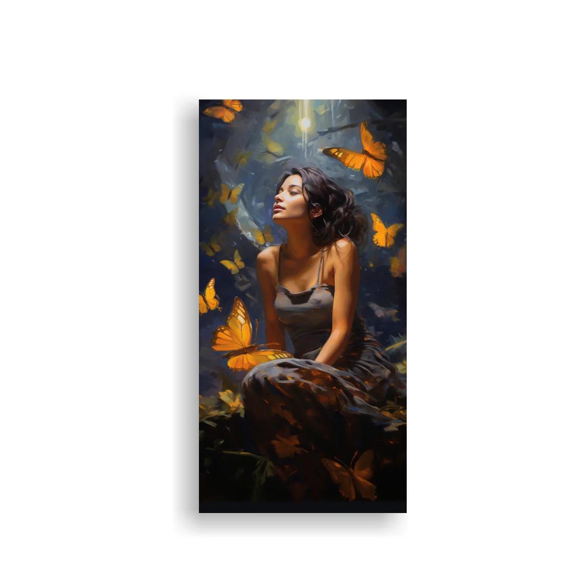 Cuadro mujer sentada con mariposas naranjas y luz dramática — imagen principal