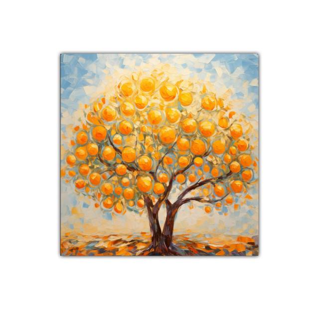Árbol de naranjas iluminado en tonos cálidos y vibrantes