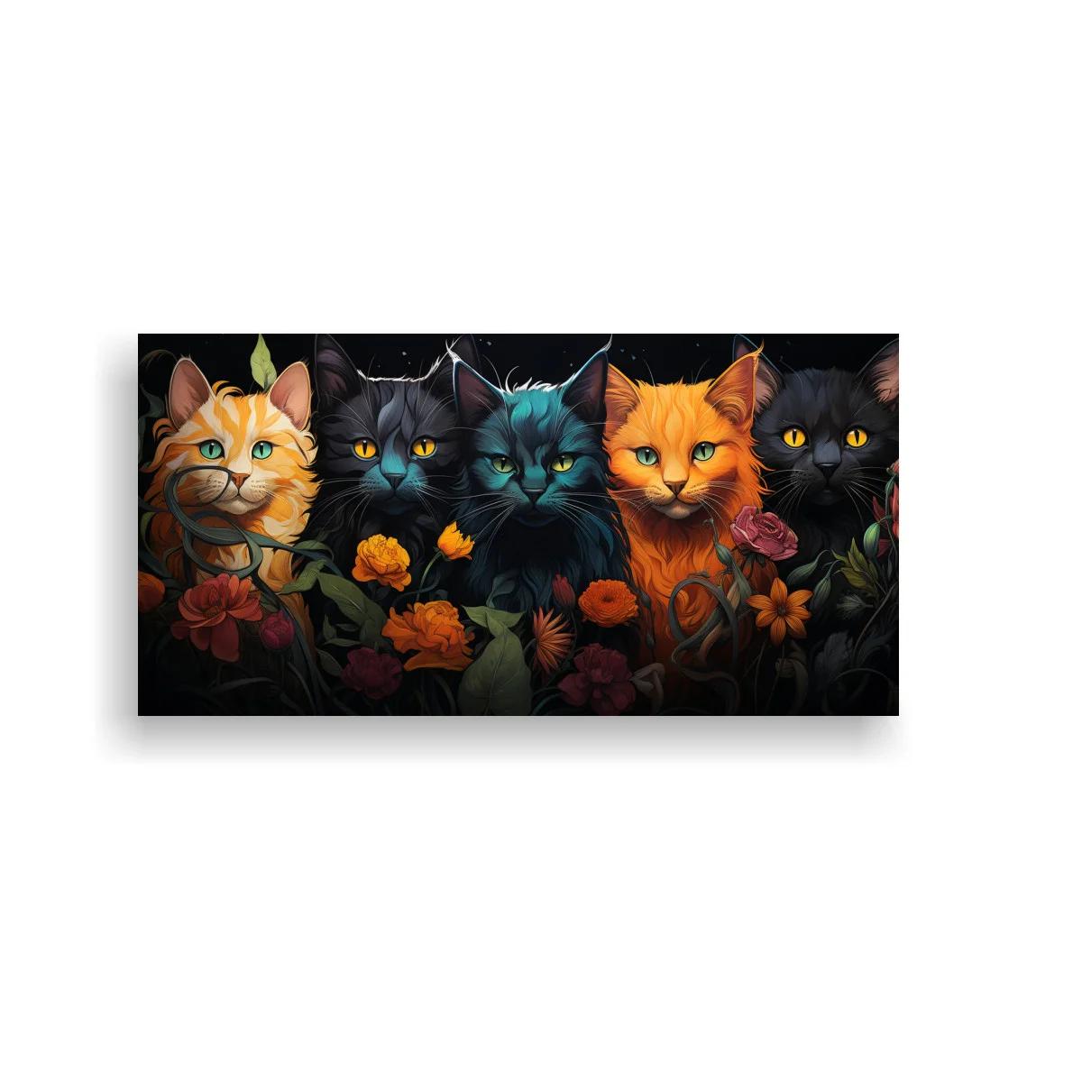 Cuadro grupo de gatos entre flores y follaje