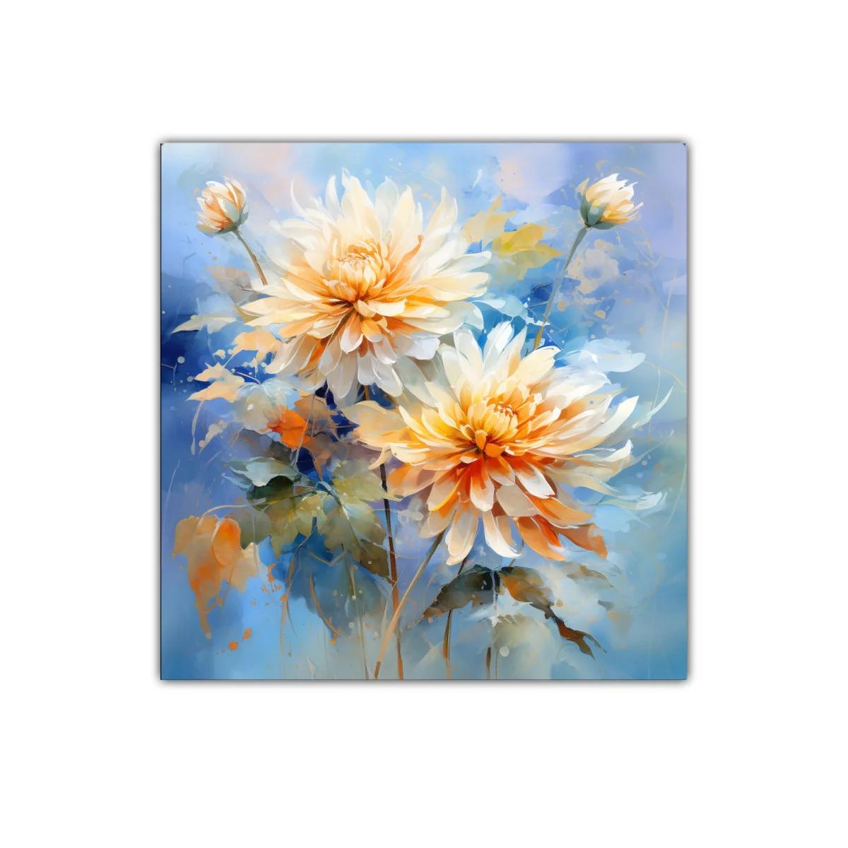Cuadro floral con dalias en tonos cálidos y fondo azul — imagen principal