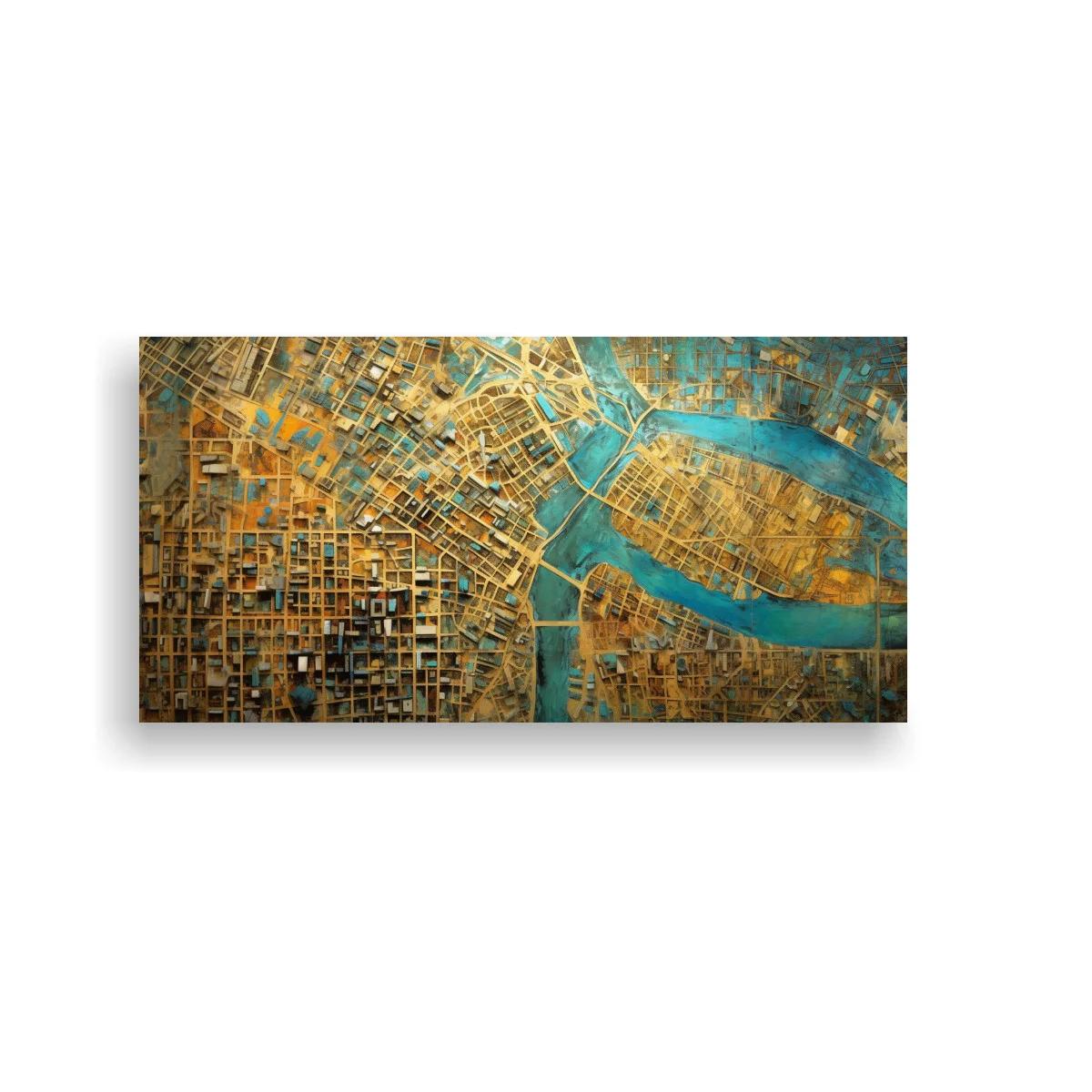 Cuadro mapa urbano con río y puentes lineales