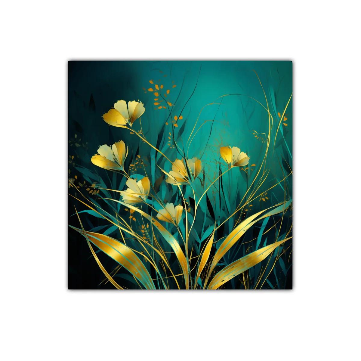 Cuadro floral con delicados tonos dorados y fondo turquesa — imagen principal