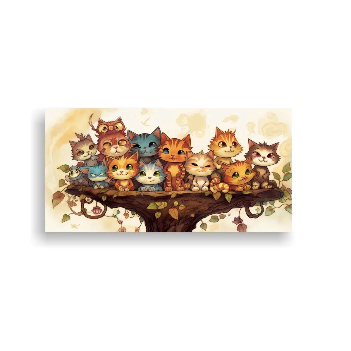 Cuadro grupo de gatos caricaturescos sobre una rama con enredaderas