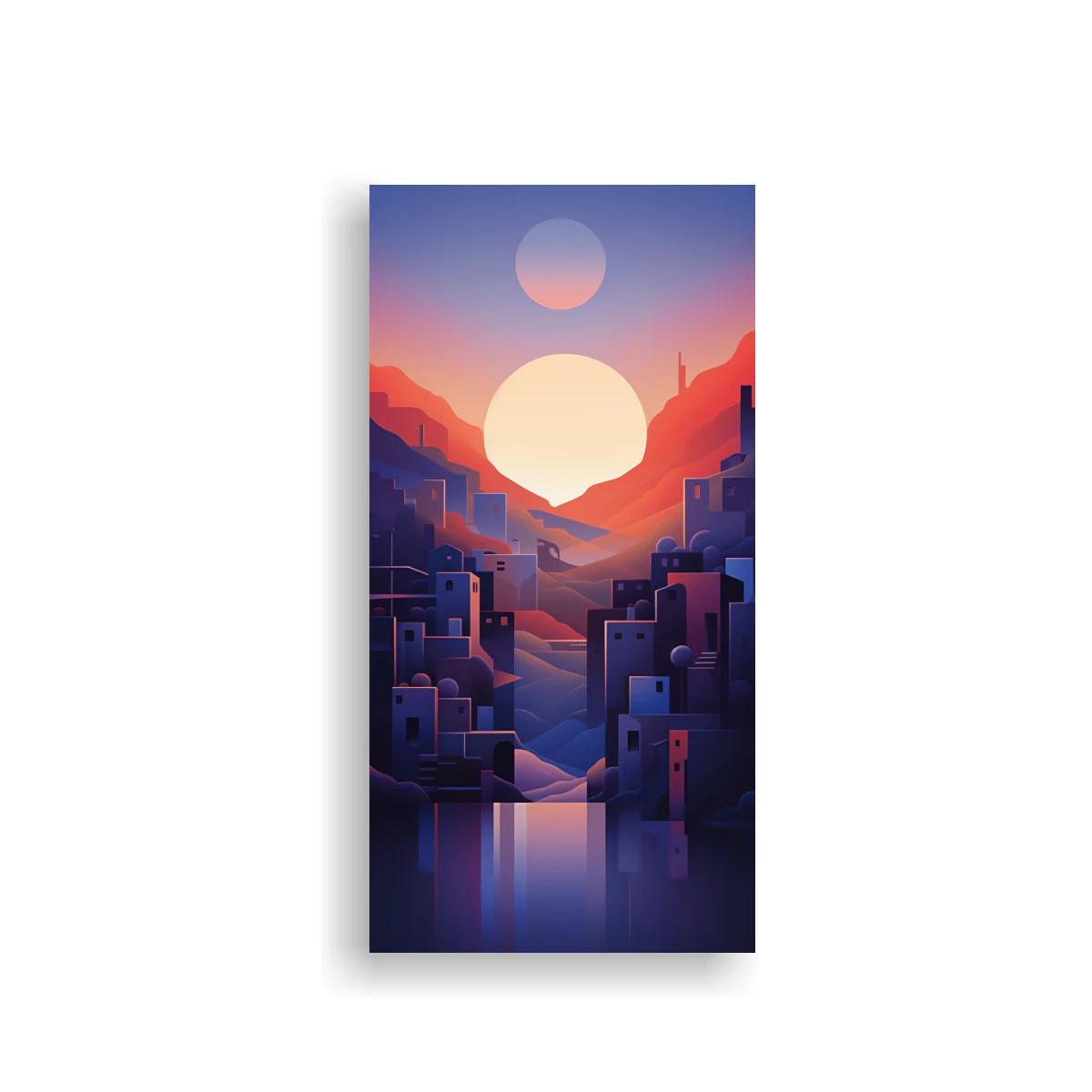 Cuadro ciudad geométrica con sol y luna