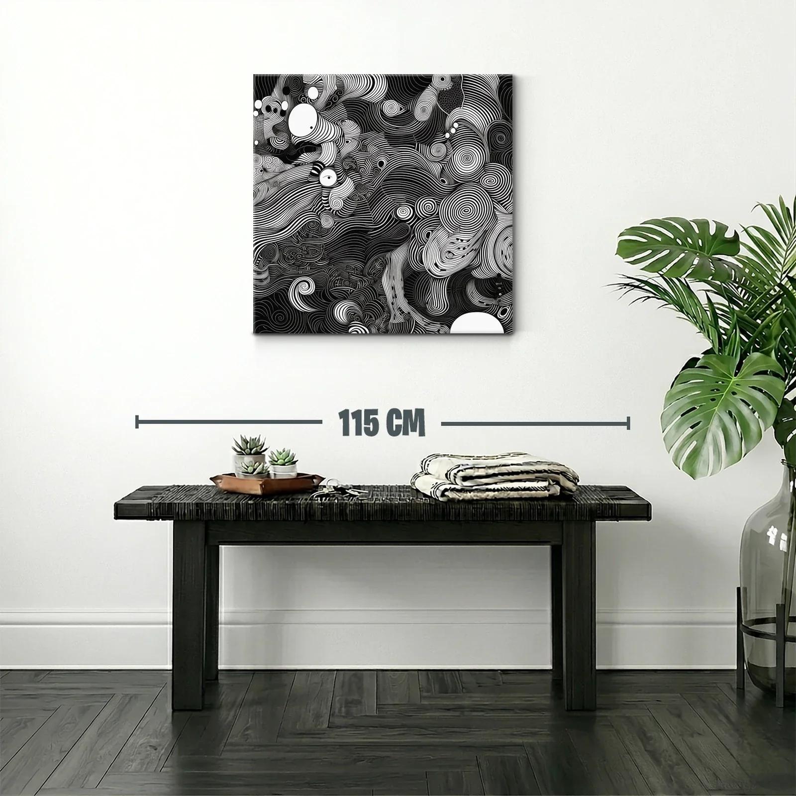 Cuadro abstracto en blanco y negro con líneas onduladas y espirales — miniatura 2