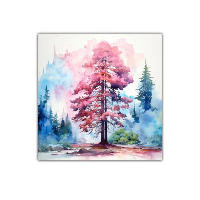 Árbol en tonos rosas y azules con efecto acuarela