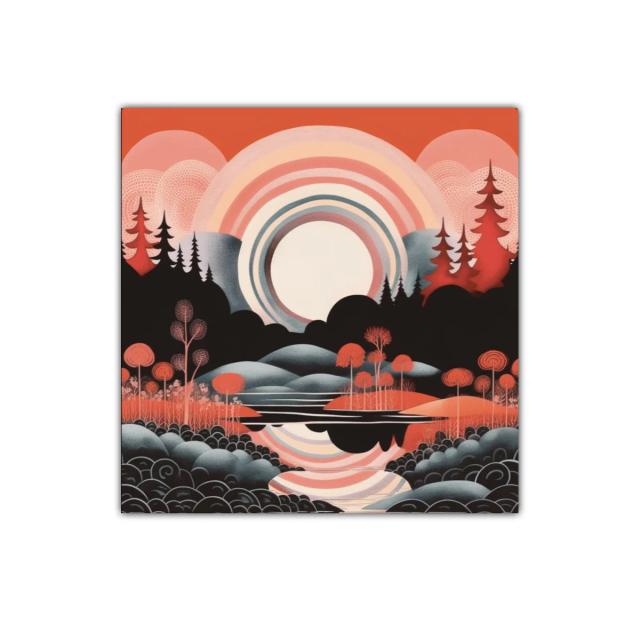 Paisaje surrealista con árboles y reflejos en tonos cálidos