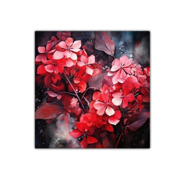Floral vibrante en tonos rojos y rosas con fondo oscuro