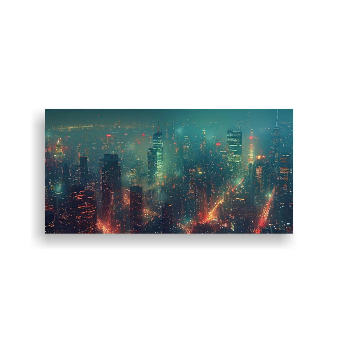Cuadro skyline urbano nocturno con neblina y líneas de luz