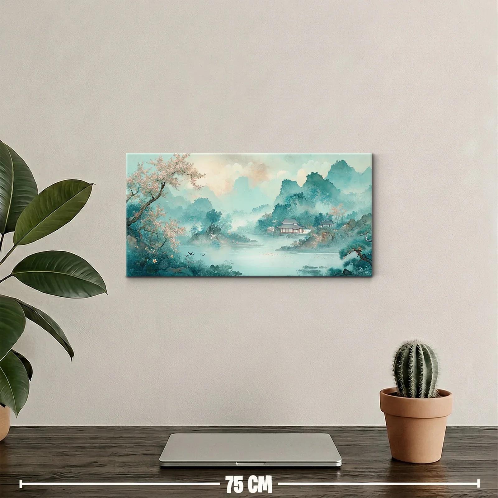 Cuadro paisaje montañoso con lago y pagoda — miniatura 2