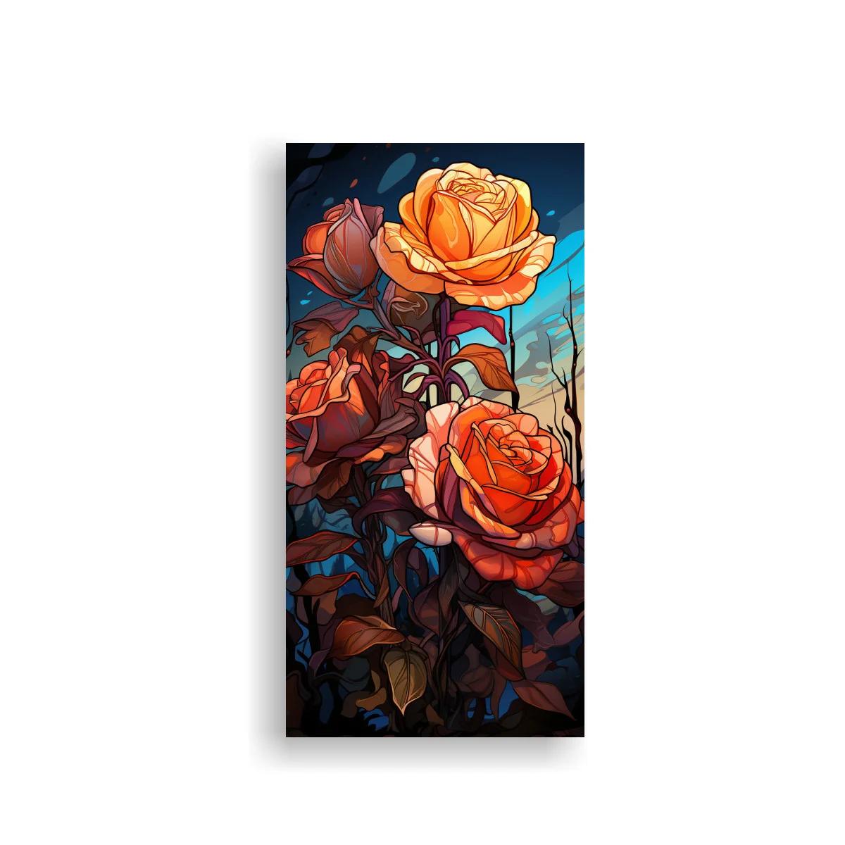 Cuadro de rosas naranjas con fondo azul intenso