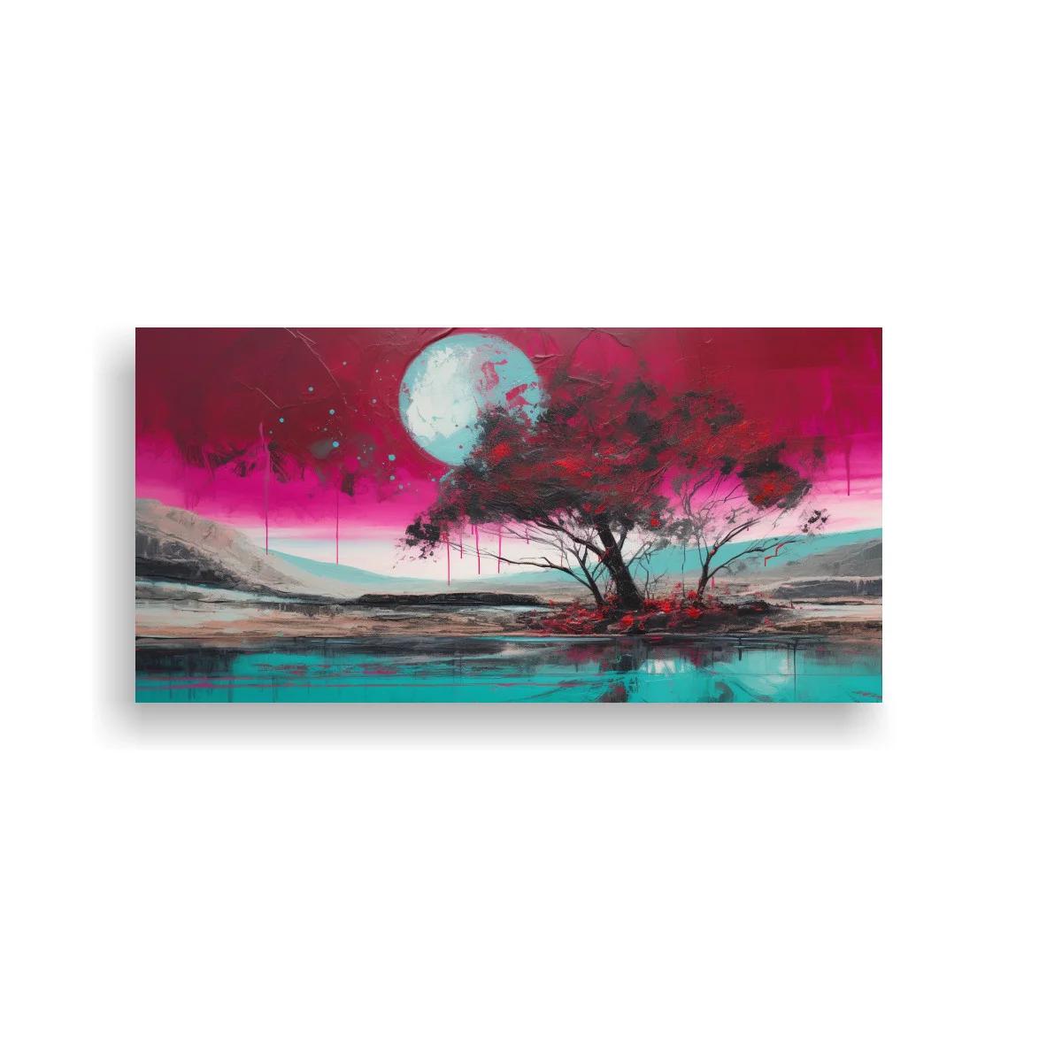 Cuadro árbol solitario junto al agua con luna grande