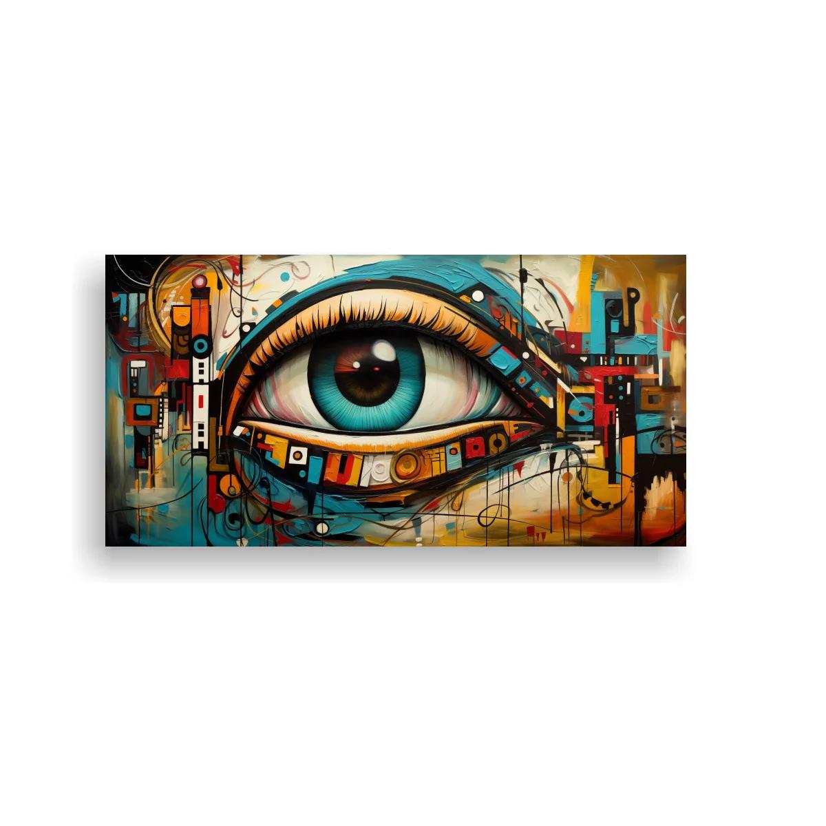 Cuadro ojo azul con grafitis y letras dispersas