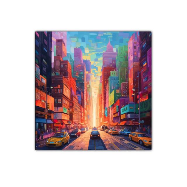 Ciudad vibrante al atardecer con coches y edificios coloridos